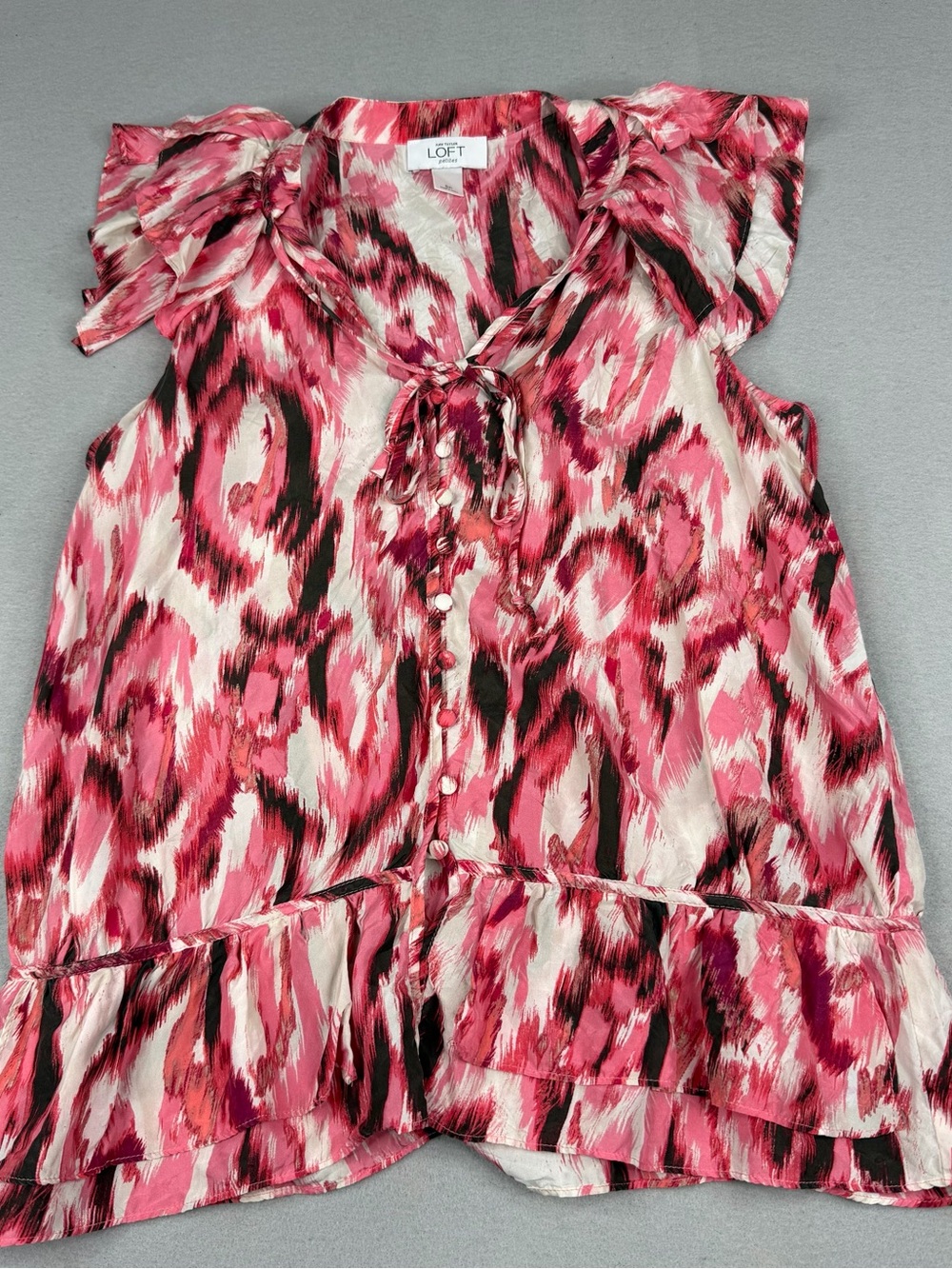 LOFT Petites 100% Silk Pink Abstract Tie Neck Ruffle Blouse SP